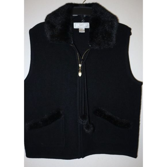 Lisa International Women Sz L Black Boiled Wool Vest w/Removable Faux Fur Collar - Picture 1 of 7